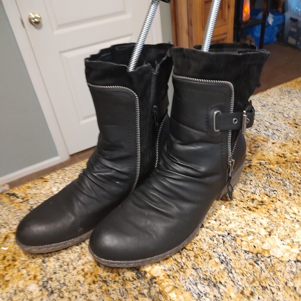 Rieker Berry Buckle Strap Zip Ankle Boots Black Leather Suede Women's Size 9.5